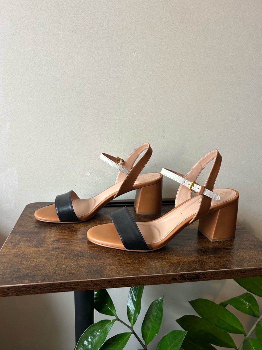 Cole Haan Josie Block Heel Sandals in Black, Tan & White